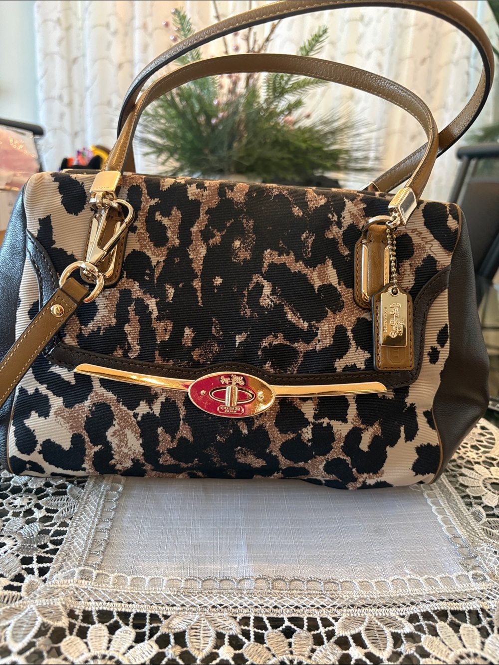 Coach Leopard-Print Canvas Satchel in Black and Brown with Gold Hardware